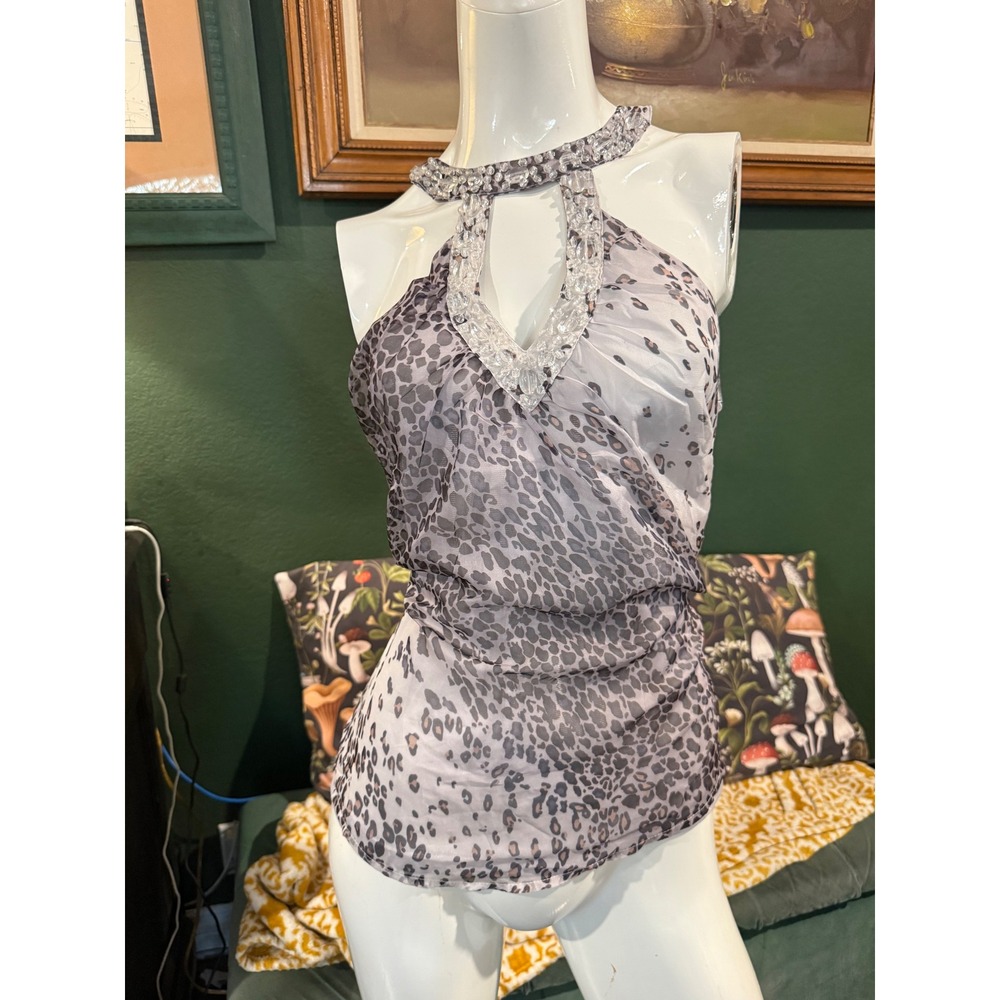 Lucy & Co Grey Leopard Halter Top Jewel Neck Keyhole Tie Back Chiffon Medium